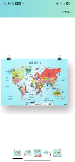 World Map with country Name, continents, Animals, land marks, 23.4 x 33.1 inch Multicolour
