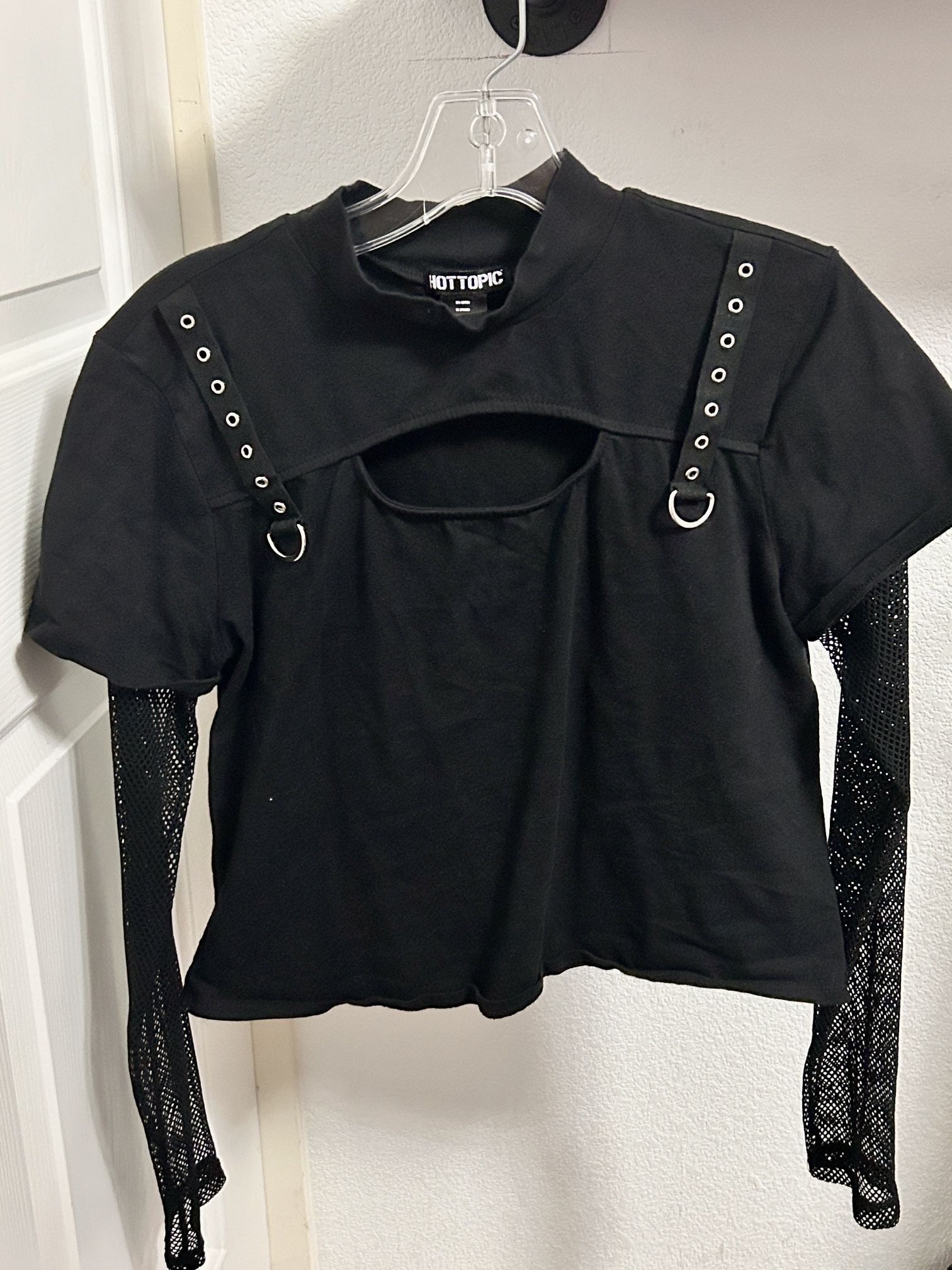 Hot Topic - Black Fishnet & Grommets Mock Neck Twofer Girls Top