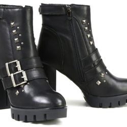 Milwaukee Leather MBL9456 Women's Premium Black Leather Fashion Platform Boots with Straps  Size 8