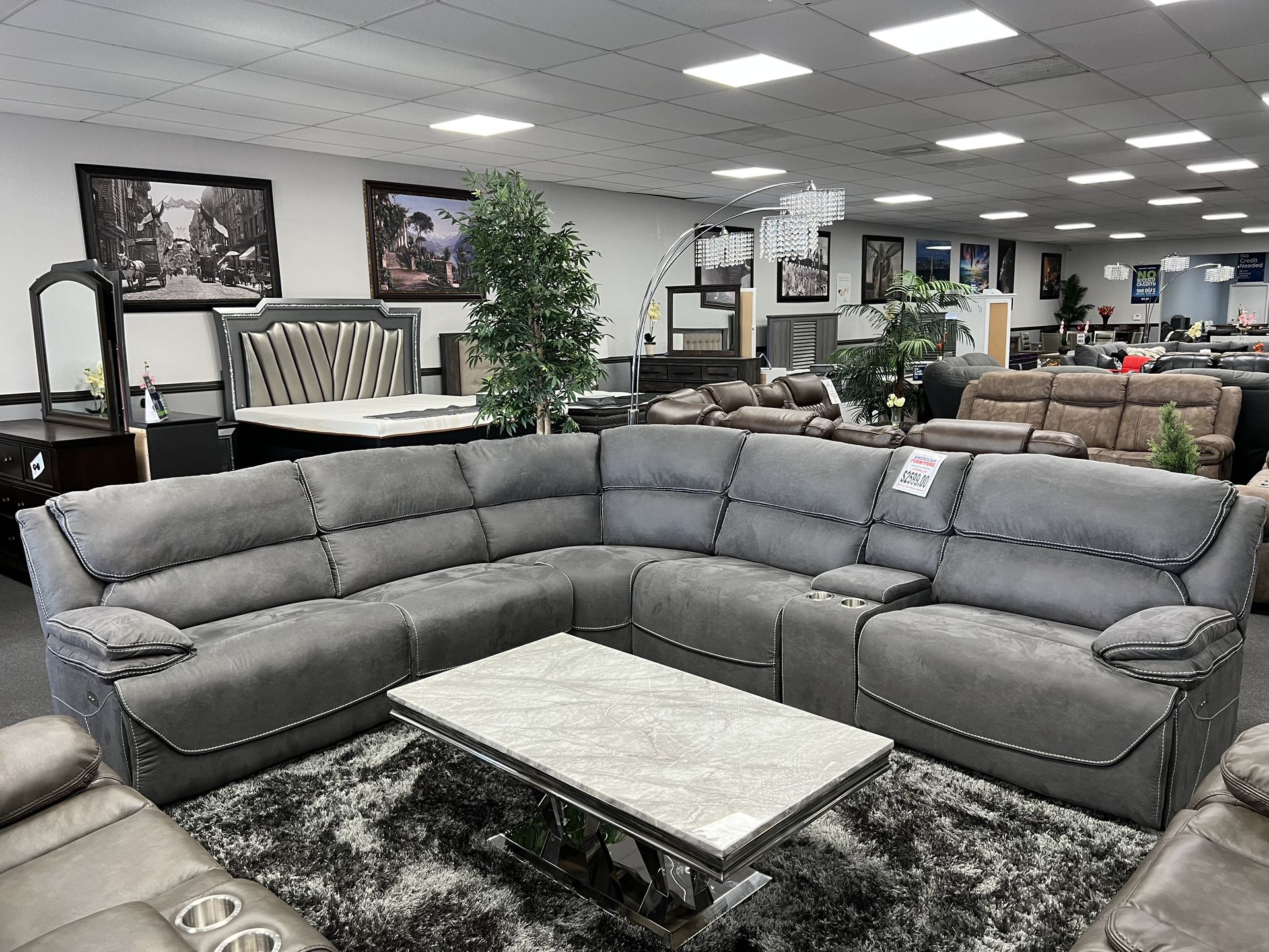 Gray Sofa Sectional w/ 3 Power Motion Recliners & USB Ports 