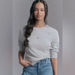NEW - Paige Ordenna Rhinestone-embellished Top  Cotton-jersey Sweatshirt Gray - Medium