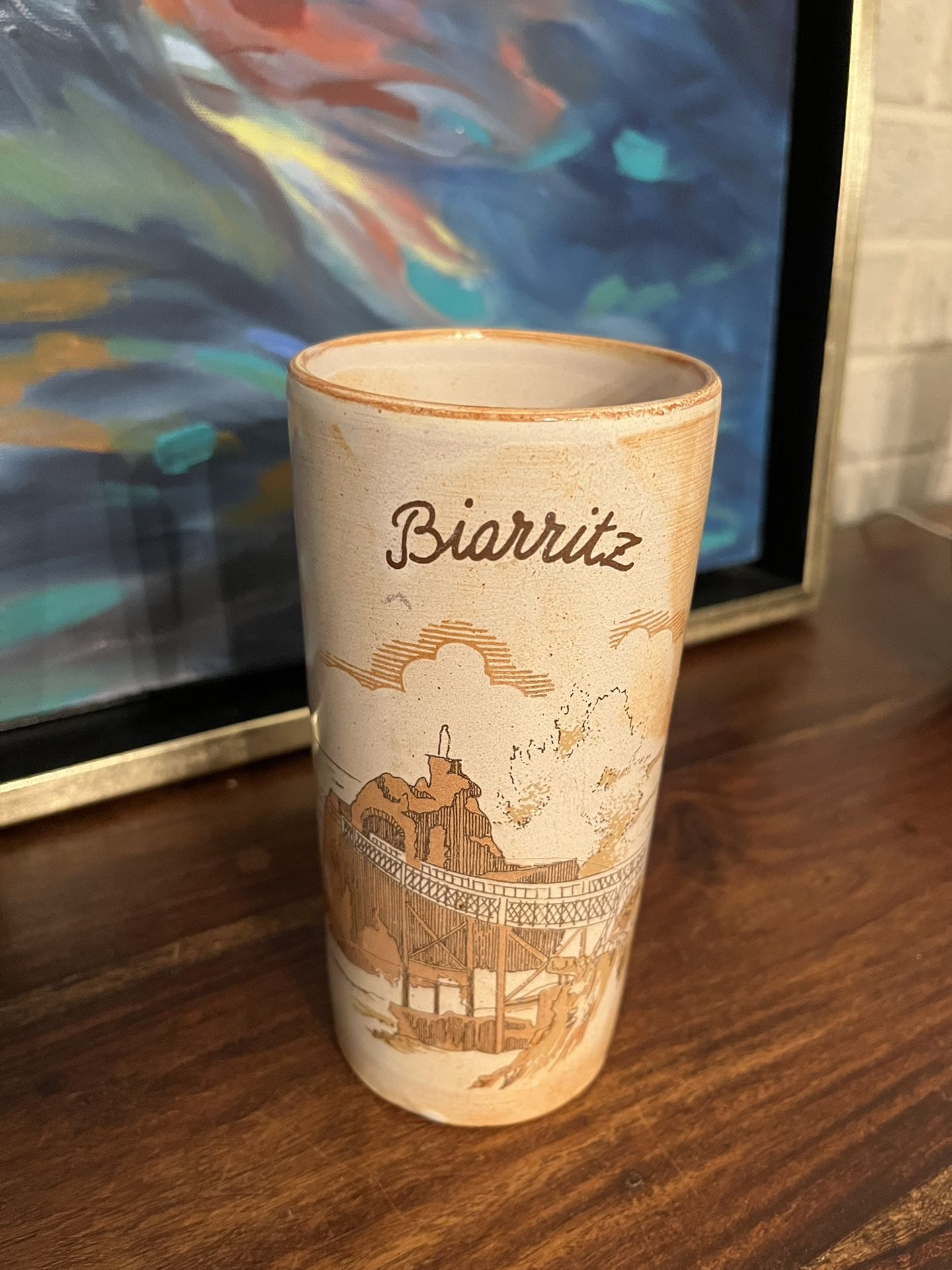 unique Biarritz ceramic tumbler vase pencil holder purchased in Biarritz France great gift too