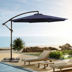New Offset Patio Umbrella with Easy Tilt Adjustment,Crank and Cross Base, Outdoor Cantilever Hanging Umbrella, Sunshade Free Standing Canopy, Navy Blu