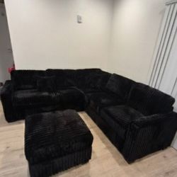 Stylish Sectional Sofa With Ottoman Black Fur- Like Jumbo Corduroy 