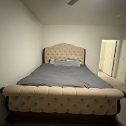 King Size Sleigh Bed Set w/ Mattress + Box Spring + Dresser + 2 Nightstands – Solid Wood