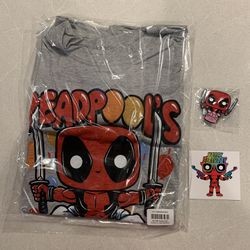 Deadpool Birthday Funko T-Shirt + Sticker + Pin Pop Tee *BRAND NEW SEALED* Marvel Collector Corps MCC Medium Nerdy Thirty Ryan Reynolds Merc