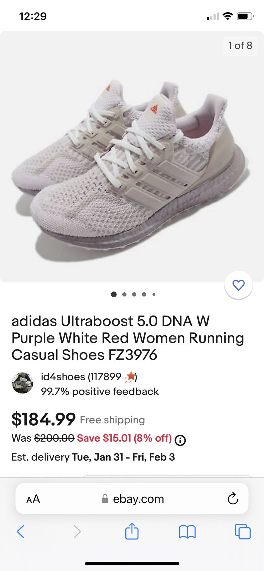 Adidas Ultra Boost 5.0 DNA Women’s Running Casual Shoes White Ice Purple size 8