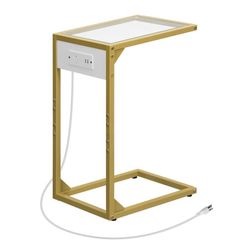 Gold C-Shaped Side Table w/ Power Outlets & USB