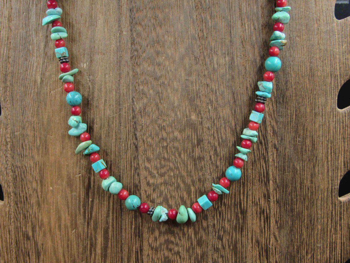 18 Inch Sterling Silver Turquoise Stone And Red Shell Necklace