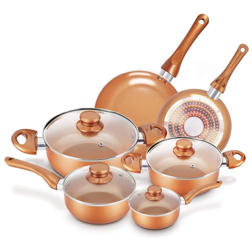Set of non-adherent pots and pans – Set of 10 copper pans – KUTIME – Set of 10 anti-stick ceramic coating utensils, kitchenette, copper aluminium pot