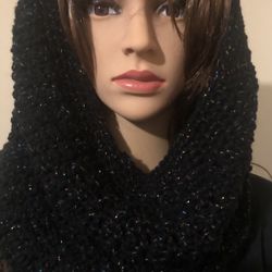 Black Cowl with Glitter Blue Pink Gold  Neck Warmer Hoodie Handmade