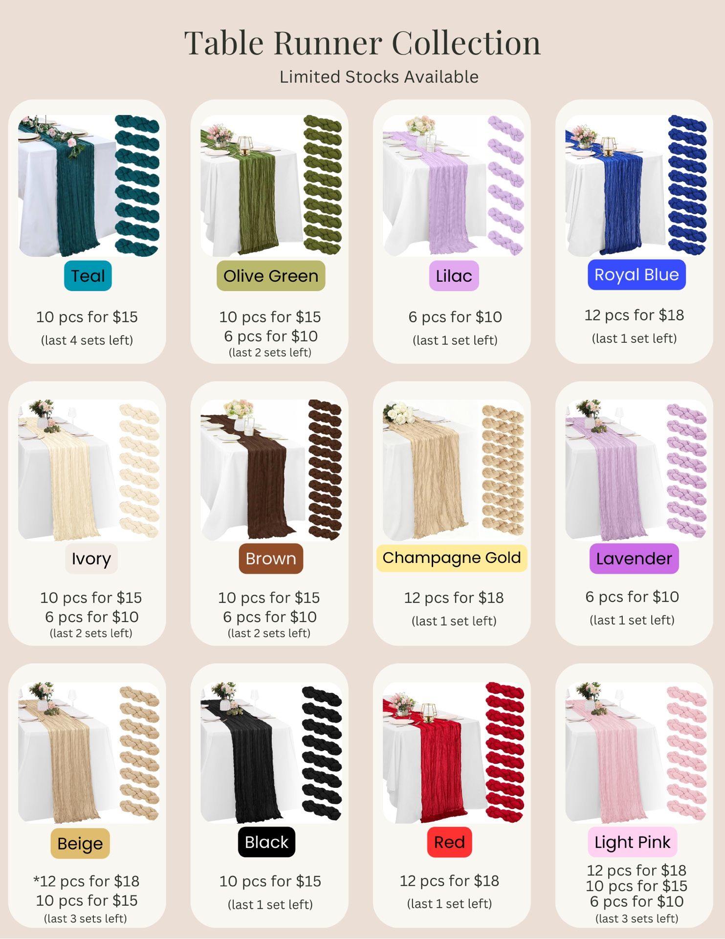 Table Runner “Cheesecloth” Collection - Limited Stock Available