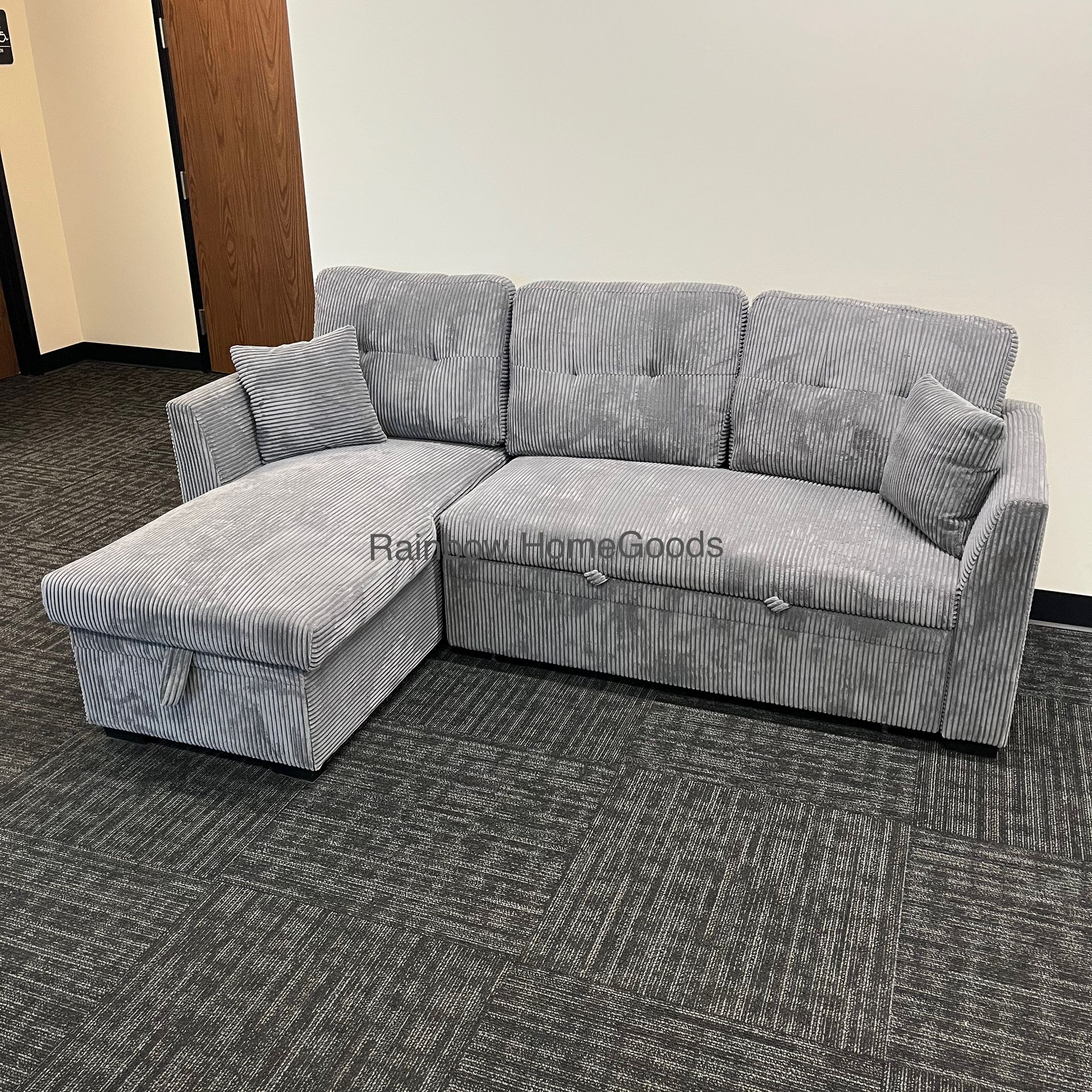 Corduroy Sleeper Pull-Out Sofa Bed Sectional Couch with Reversible Storage Chaise