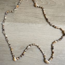 Handcrafted Shell Beaded Necklace Boho Beach Style 24in Beige Brown White