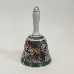 Vintage Japan Asian Ceramic Porcelain Bird Flowers Dinner Bell Figurine
