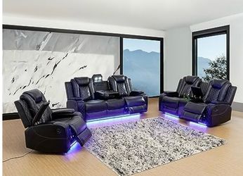 Power electric black leather fully reclining three piece couch set
