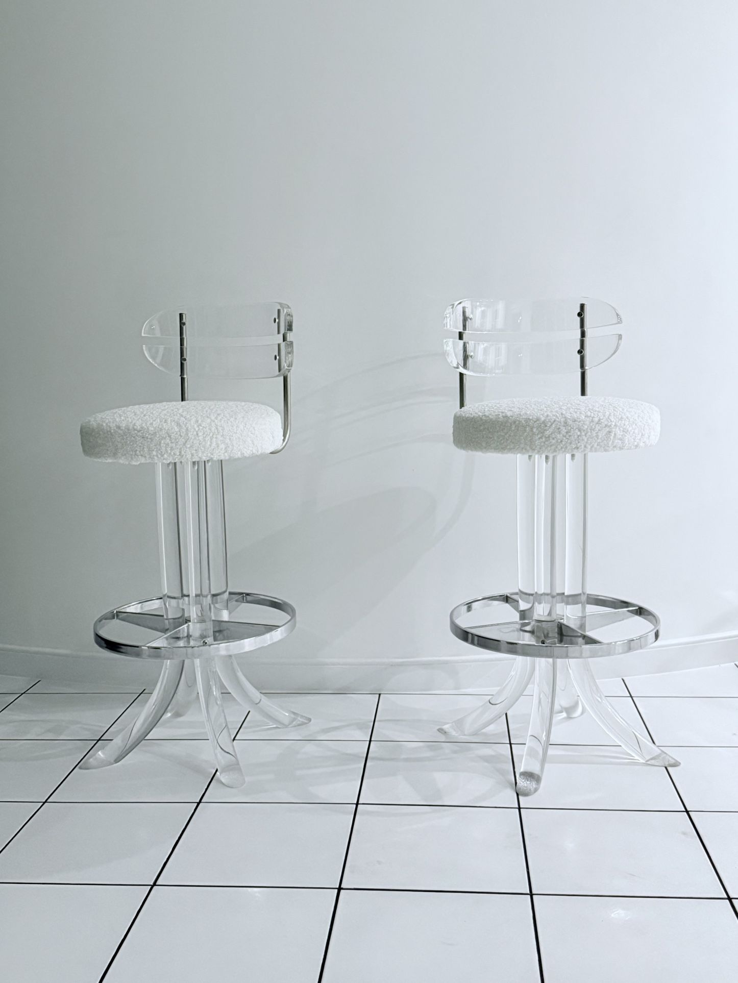 MAKE AN OFFER Pair of Lucite & Chrome Barstools After Charles Hollis Jones, USA 1970