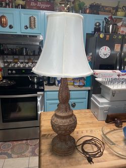 Mid century hand carved wood table lamp