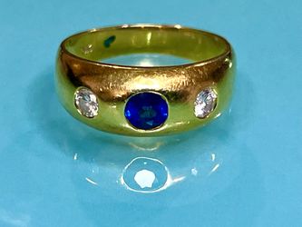 💙 18KT Yellow Gold, Diamond & Blue Sapphire Ladies Ring Size 6 1/4 💎