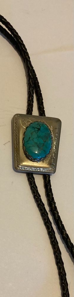 Vintage Metal Bolo Tie, Nice Silver and Blue Turquoise Stone Design, Nice Western Design, 1 1/2" x 1 1/4", Quality, Heavy Duty, Made in USA, Country &