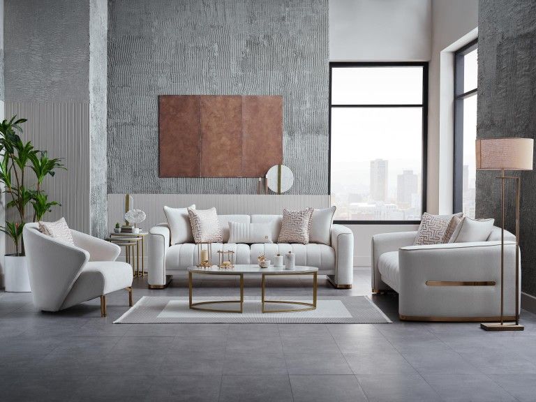Loveseat Sofa and Chair on Display with Convertible Gold Trim