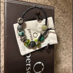 PERSONA Brown Braided Bracelet with 9 Persona Beads in Shades of Blues