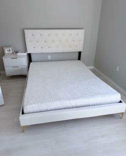 White Upholstered Platform Bed Frame with Headboard