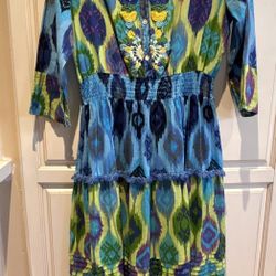 Buby’s Size M Blue and Green 3/4 Sleeve beaded bodice Cotton Resort Sundress