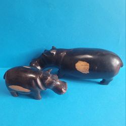 Vintage wooden Hippo Family Adult 7" and Baby 4" Hand Carved Hippopotamus Statue Figure.