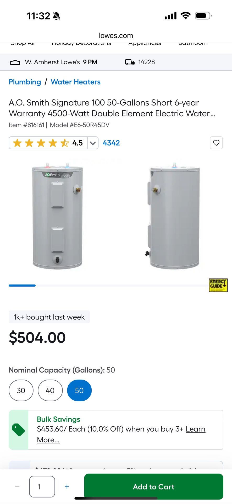 AO Smith 50 Gallon Short Electric Water Heater