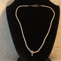 Small Beaded Pearl Choker W/gold Cross With Rhinestone 