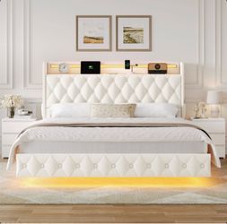 Maykel Modern Upholstered Floating Bed with LED Lights and Charging Port