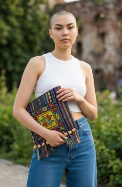 Jerusalem Woven/Embroidered Multicolor Fringe Clutch w/ Wooden Accent Beads