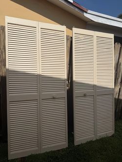 (2) Avail - 36 x 80” Plantation Louvered Solid Core, Beige, Wood, Closet Bi-Fold Door