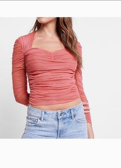 Express Body Contour Mesh Cropped Top With Removable Cups  “Coral Blush” (M) NEW
