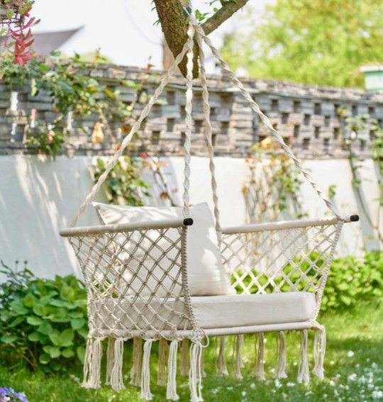 2.6 ft. L Outdoor Porch Patio Hanging Rope Chair Swing Hammock Seat with Beige Cushion