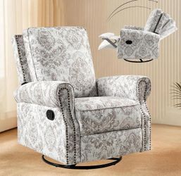 HULALA Home Modern Rocker Recliner, Printed Fabric Swivel Glider with Adjustable Backrest & Footrest, Beige