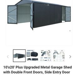 10'x20' Plus Upgraded Metal Garage Shed with Double Front Doors, Side Entry Door
