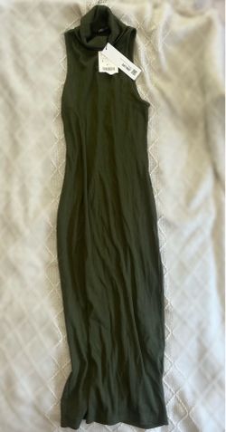 Zara Ribbed Mock Neck Maxi Dress Olive Green