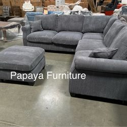 New! Plush Sectional Sofa And Ottoman, Sectional Couch, Sofa, Sectionals, Couch, Grey Sofa, Grey Couch, Grey Sectional, Corduroy Gray Sofa And Ottoman
