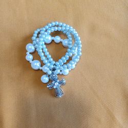 8 inch New Grey & White Pearl with a  Cross Charm Bracelet 
