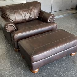 Oversized Brown Leather Chair And Foot Stool