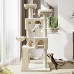 Amolife 65.7" Large Cat Tree and Tower Condo for Indoor Cats with 2 Scratching Boards, Hammock & Post, Beige