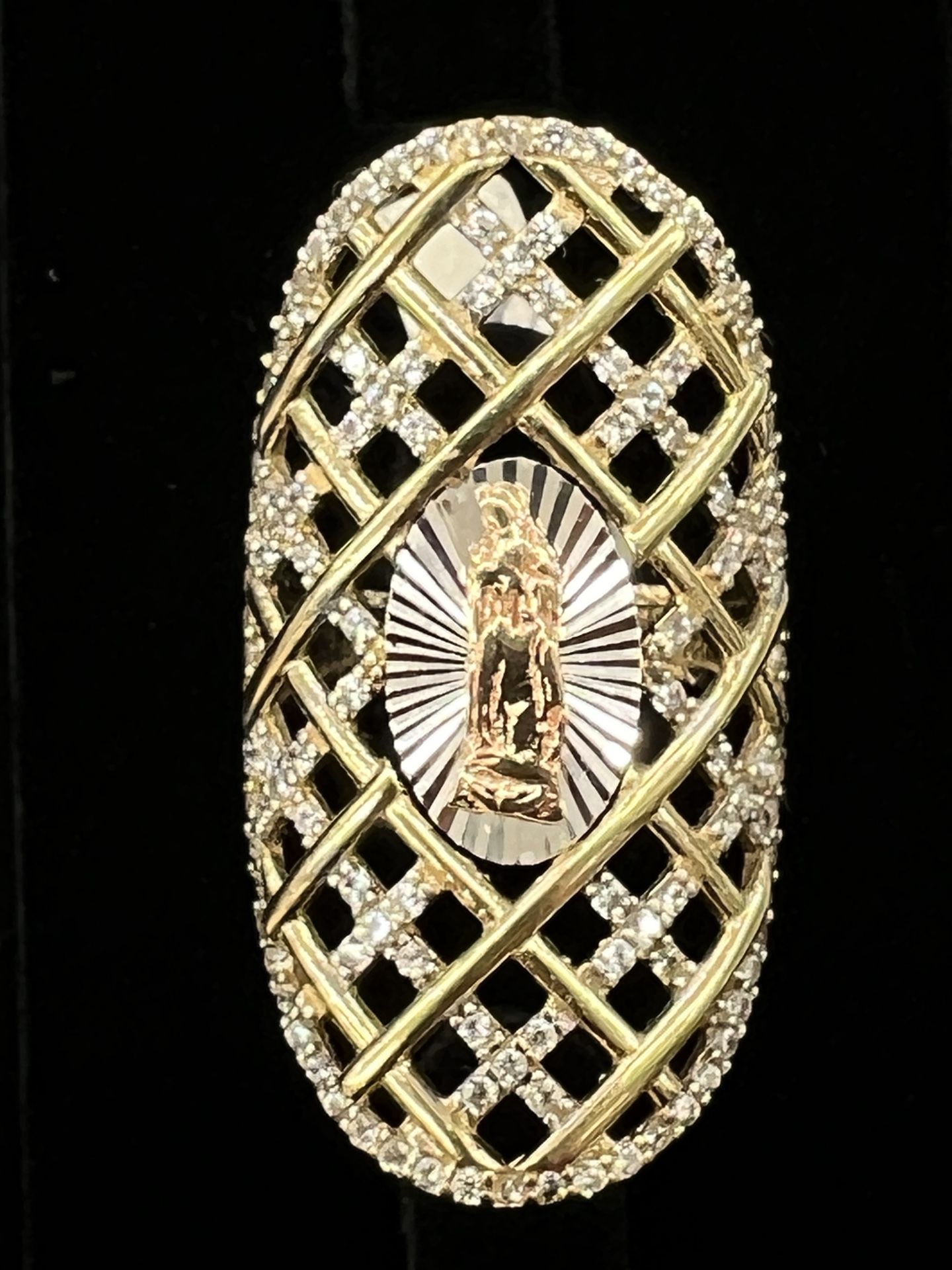 $450 3 Tone Gold w Zirconia Virgin Mary Gold Ring 