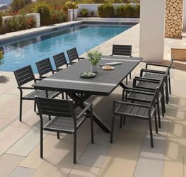 10 pcs chair +118.1 in. Aluminum Black Rectangular Outdoor Patio Dining Table with Umbrella Hole