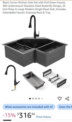 Black Corner Kitchen Sink Set with Pull Down Faucet, 304 Undermount Stainless Steel Butterfly Design, 25 Inch Drop In Large Modern Single Bowl Sink, I