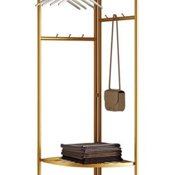 corner coat rack,corner hall tree with 6 hooks and storage shelf,gold clothing rack,Freestanding garment rack,metal corner clothes rack for Hallway, E