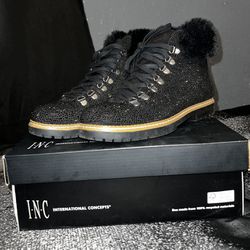 INC Black Sparkle Boots With Fur