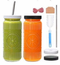NEW - 2 Glass Mason Jar Drinking Cups with Lids and Straws