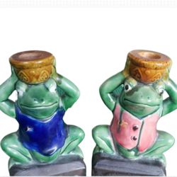 Excellent CERAMIC FROG CANDLE HOLDERS 7" Inches Tall Unique and Beautiful!